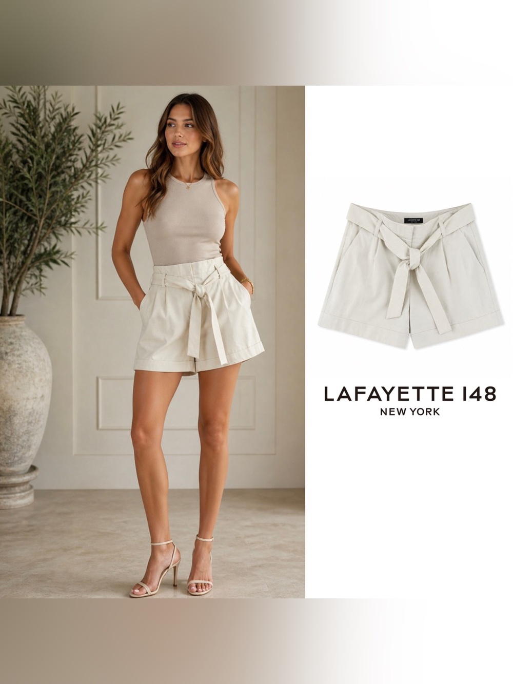 Lafayette 148 New York Cream Paperbag Tie-Waist Shorts